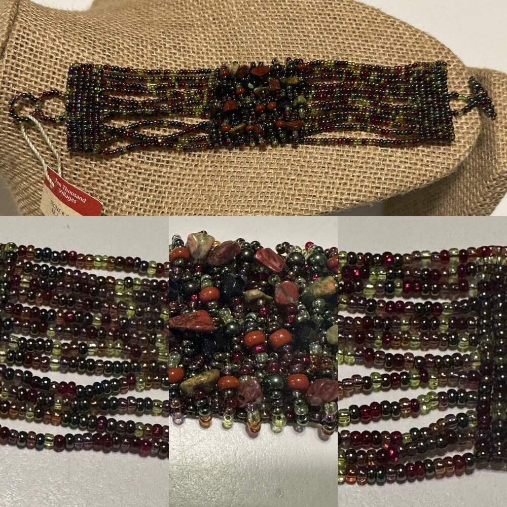 New Ten Thousand Villages Seed Bead Bracelet Cuff Band  Boho Colorful Toggle